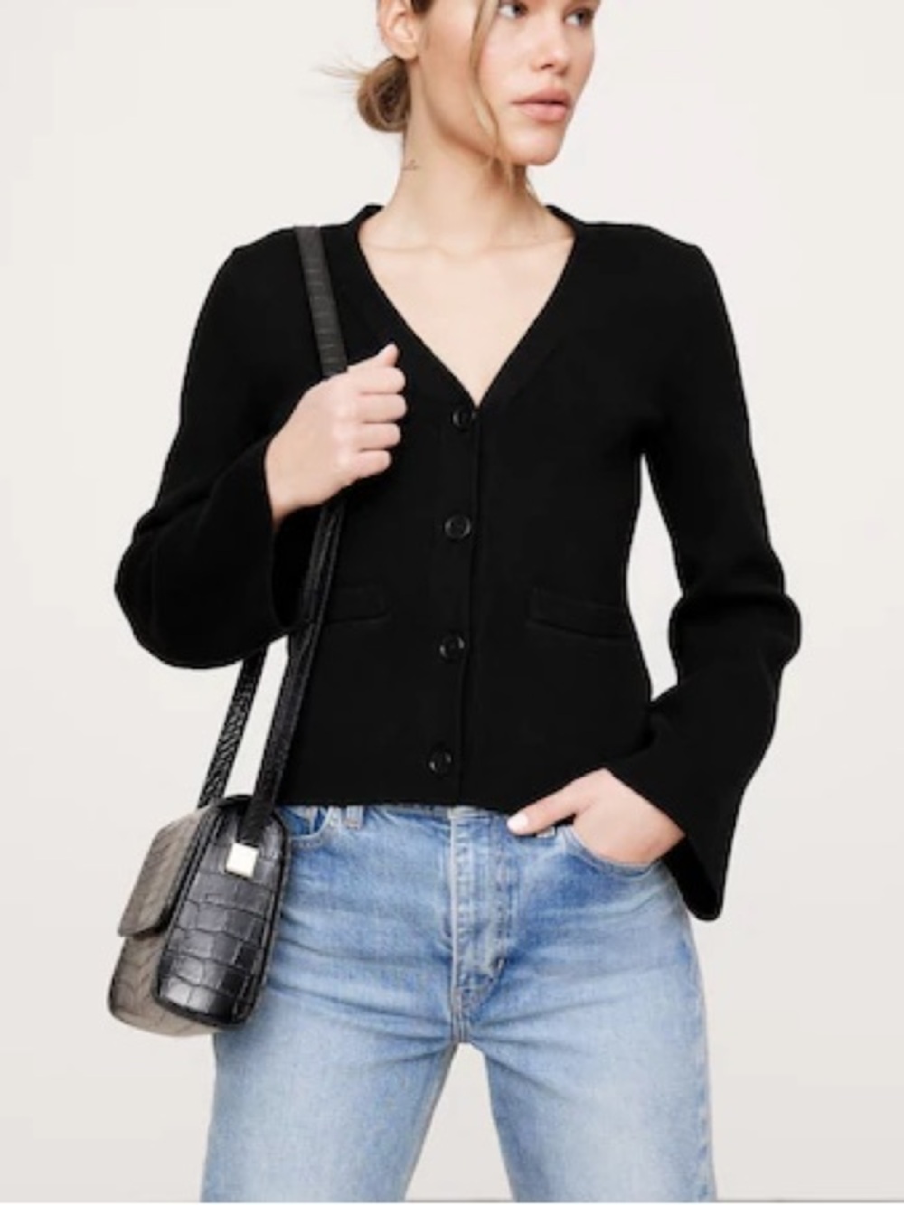 Banana Republic Larkspur Cotton-Silk Flare-Sleeve Cardigan Sweater Black XS